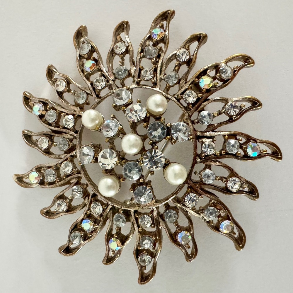 Vintage Monet Sunburst Brooch Gold Tone Rhinestone AB Crystal Faux Pearl Pin